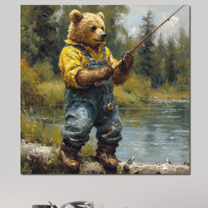 Tablou Canvas Premium, LuxCanva® M1000, Pescarul cu blana, 50 X 50 CM, Panza Bumbac 100% 400g/m2, Sasiu Lemn, Animale, Fauna, Urs, Blana, Pescuit, Undita, Apa, Natura, Amuzant, Birou, Living, Camera Copii