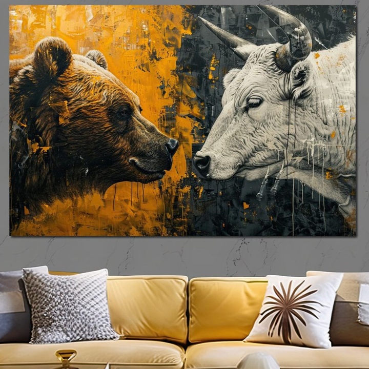 Tablou Canvas Premium, LuxCanva® M1001, Bestiar Modern, 40 X 60 CM, Panza Bumbac 100% 400g/m2, Sasiu Lemn, Animale, Urs, Taur, Dualitate, Salbaticie, Duel, Coarne, Blana, Forta, Birou, Living, Camera Copii