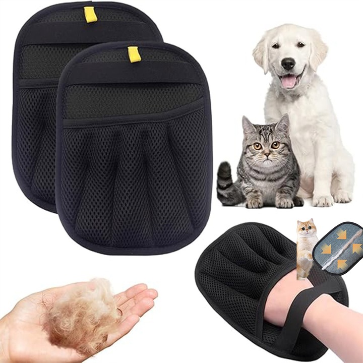 Manusa statica pentru animale de companie Omelivon®, dispozitiv cu perii bidirectionali pentru indepartarea parului, manusa indispensabila pentru animale, curatare a blanii pisicii, negru, cinci degete