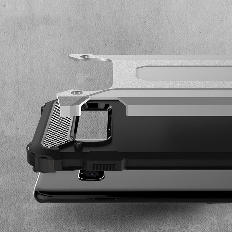 Husa pentru Samsung Galaxy S10, SKYDDAR INNOVATION, Hybrid Armor, din Plastic Dur, Margini Cauciucate, Antisoc, set cu sticker, Negru