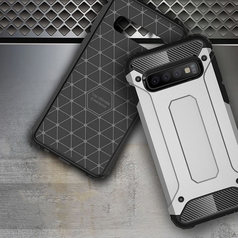 Husa pentru Samsung Galaxy S10, SKYDDAR INNOVATION, Hybrid Armor, din Plastic Dur, Margini Cauciucate, Antisoc, set cu sticker, Negru