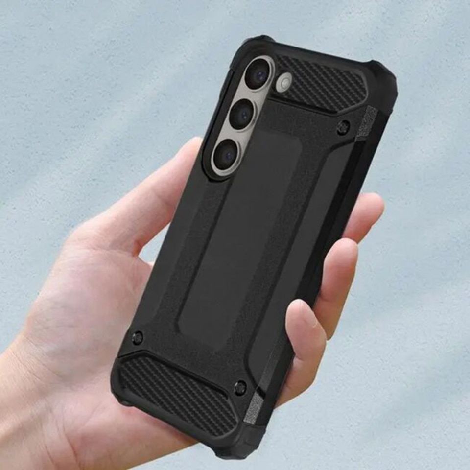 Husa pentru Samsung Galaxy A06, SKYDDAR INNOVATION, Hybrid Armor, din Plastic Dur, Margini Cauciucate, Antisoc, Negru, set cu sticker