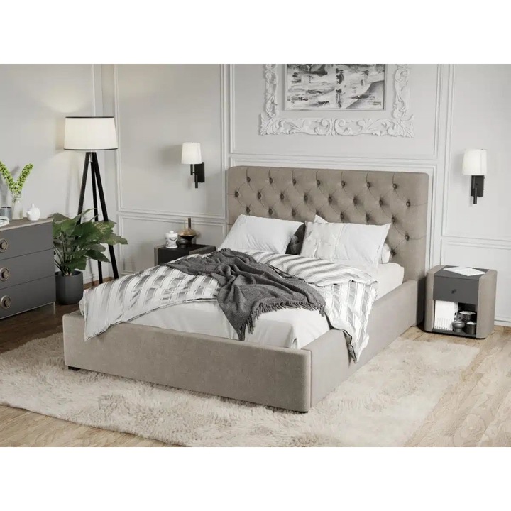 Pat Tapitat Catifea, Riviera cu Somiera fixa,180x200, Bej/Velluto 1