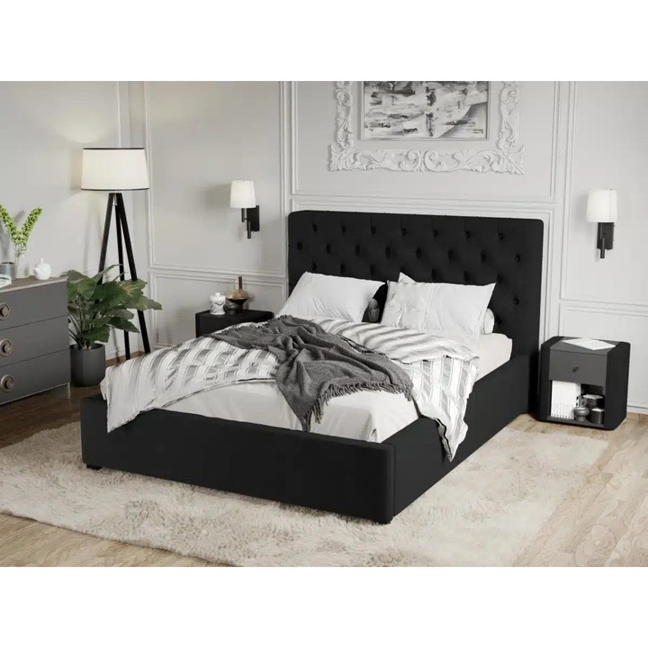 Pat Tapitat Catifea, Riviera cu Somiera fixa,180x200, Negru/Velluto 20