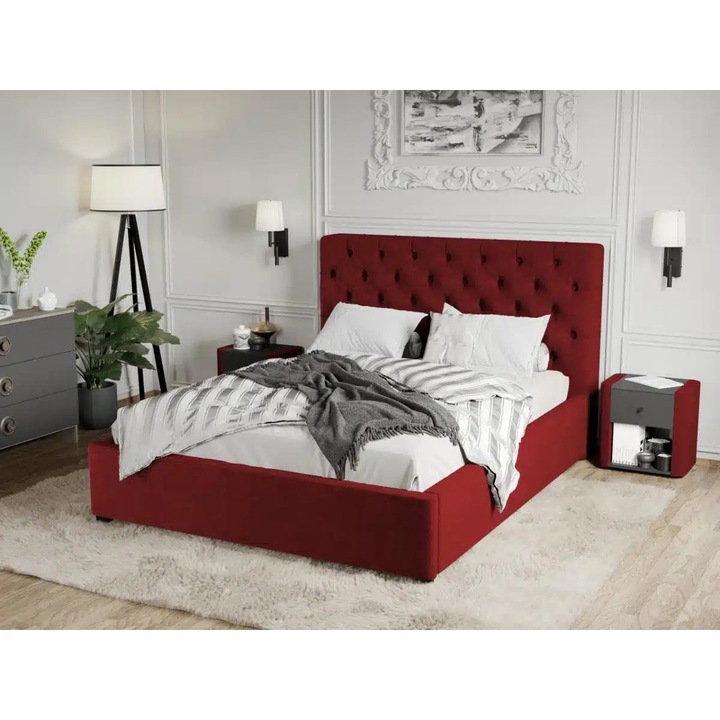 Pat Tapitat Catifea, Riviera cu Somiera fixa,140x200, Visiniu/Velluto 7