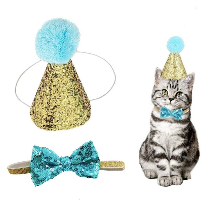 Set palarie de petrecere si papion pentru animale de companie, aurie si albastra, design elastic, accesorii pentru caini si pisici