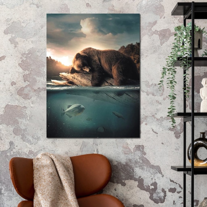 Премиум картина върху платно, LuxCanva® M1005, Почивка на водната линия, 90 X 120 см, 100% памучно платно 400 г/м2, дървена рамка, Риба, Вода, Спокойствие, Релаксация, Залез, Сън, Лов, Мечка, Природа, Офис, Хол, Детска стая