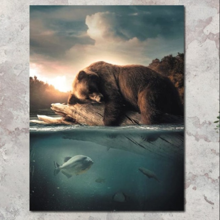 Tablou Canvas Premium, LuxCanva® M1005, Repaos pe Ape Line, 90 X 120 CM, Panza Bumbac 100% 400g/m2, Sasiu Lemn, Pesti, Apa, Liniste, Relaxare, Apus, Somn, Vanatoare, Urs, Natura, Birou, Living, Camera Copii