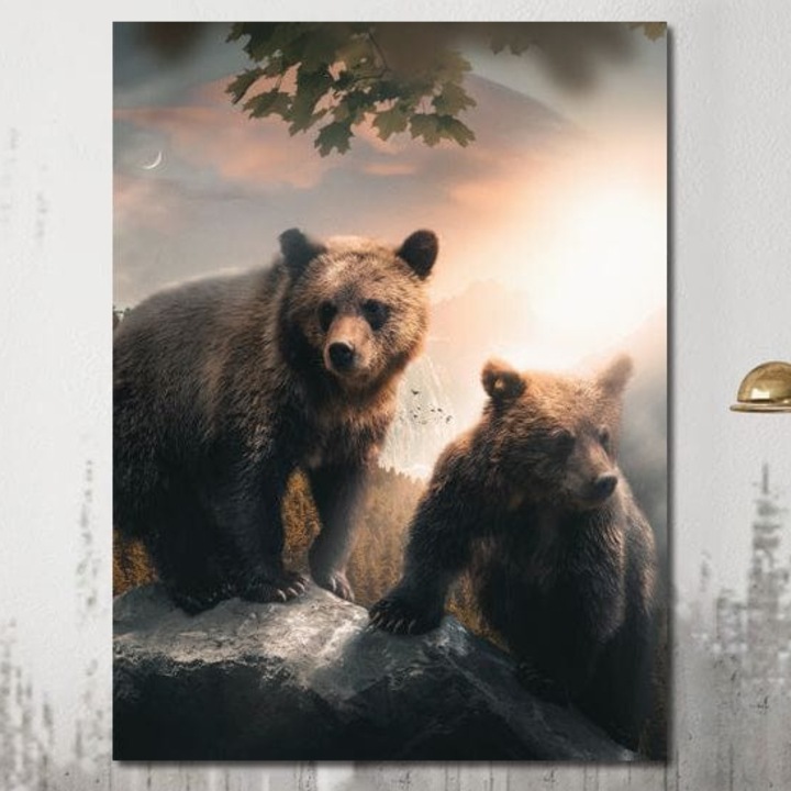 Tablou Canvas Premium, LuxCanva® M1006, Frati in Salbaticie, 45 X 60 CM, Panza Bumbac 100% 400g/m2, Sasiu Lemn, Ursi, Codru, Stanca, Salbaticie, Fratie, Familie, Rasarit, Frunze, Birou, Living, Camera Copii