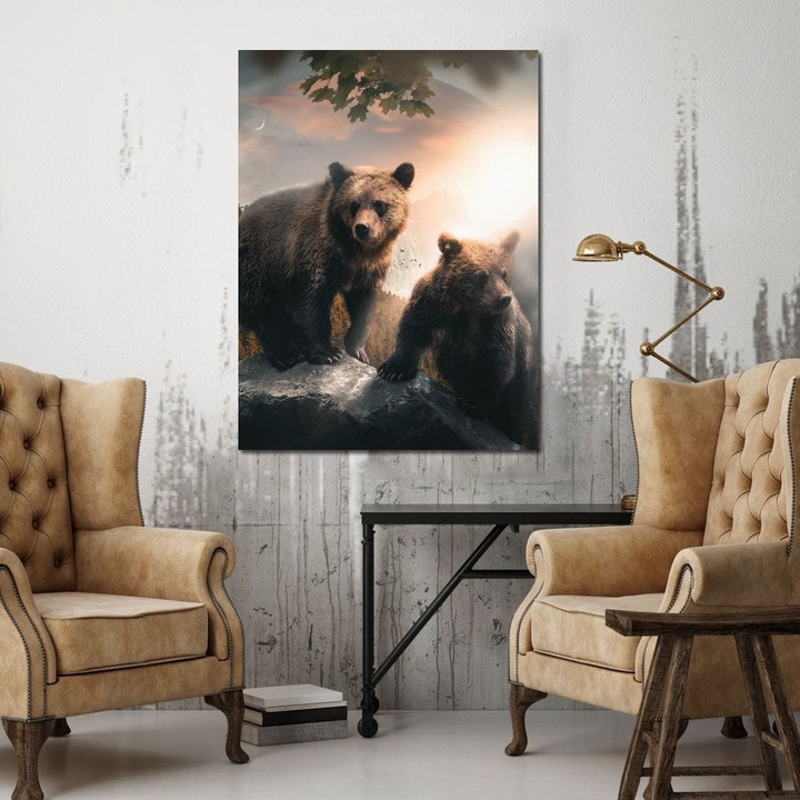 Премиум картина върху платно, LuxCanva® M1006, Братя в дивата природа, 90 X 120 см, 100% памучно платно 400 г/м2, дървена рамка, Мечки, Гора, Скала, Дива природа, Братство, Семейство, Изгрев, Листа, Офис, Хол, Детска стая