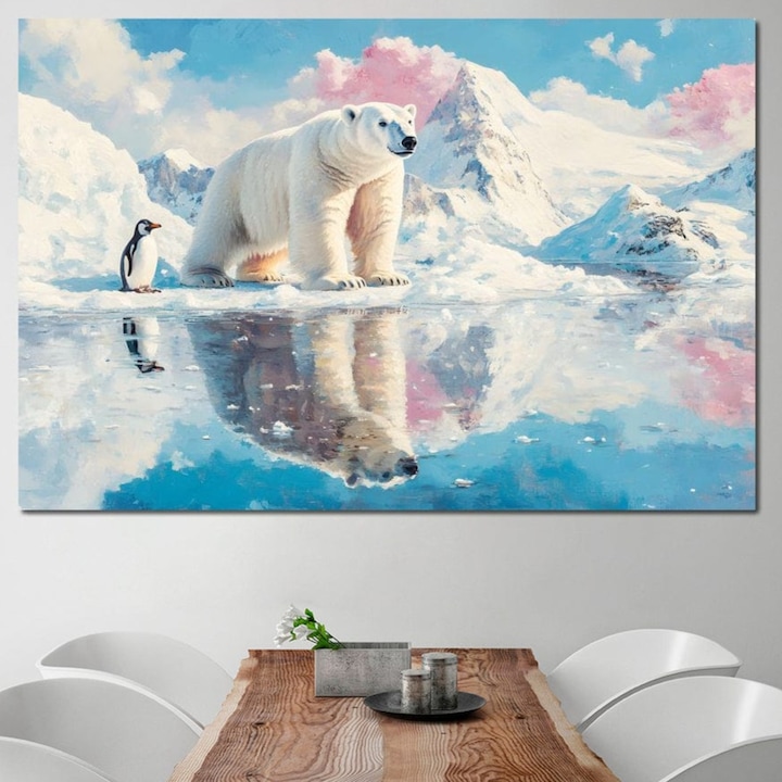 Tablou Canvas Premium, LuxCanva® M1007, Calatori in Lumea Arctica, 70 X 100 CM, Panza Bumbac 100% 400g/m2, Sasiu Lemn, Urs, Pinguin, Iarna, Zapada, Gheata, Arctic, Glaciar, Prietenie, Birou, Living, Camera Copii