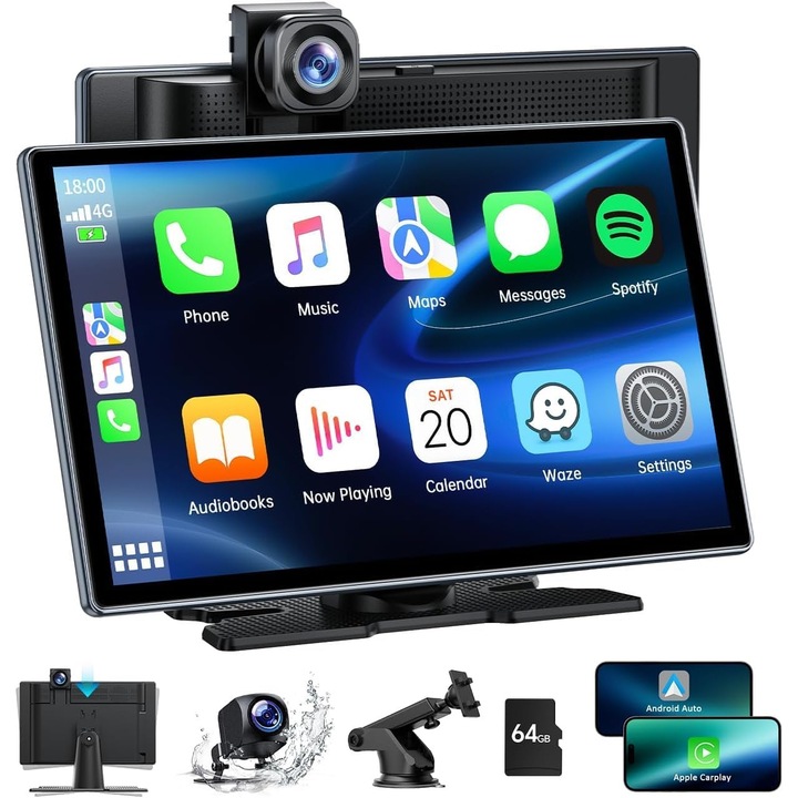 Navigatie auto multimedia LAMTTO RC13 - 9 inch pentru masina cu camera auto 4K fata si camera video pentru marsarier 1080p - Apple Carplay si Android Auto, senzor G, Mirror Link, Bluetooth 5.3, control vocal si navigatie GPS, camion, caravana, card 64GB