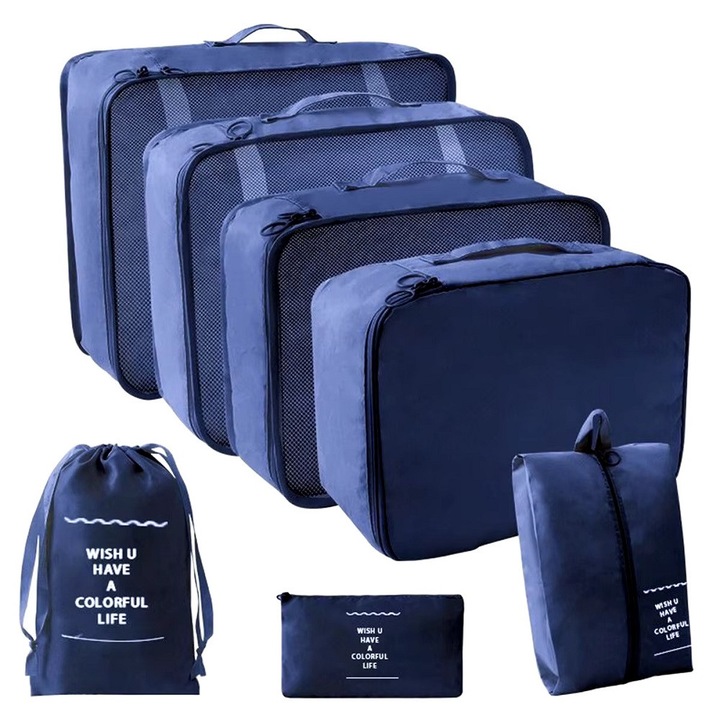 Set organizator valize, Artnico, 7 piese, bleumarin, material poliester, impermeabil, cu fermoar dublu, ideal pentru organizarea hainelor si cosmeticelor, design practic cu plasa, usor de depozitat