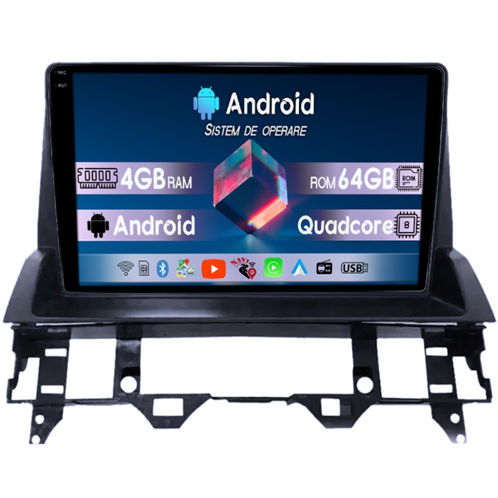 Dedikált navigáció Mazda 6 2002 - 2008 modellekhez, 4 GB RAM/64 GB ROM, aktív hűtőventilátor, 1K Q-Led kijelző, 9 hüvelykes képátló, tolatókamera és külső mikrofon