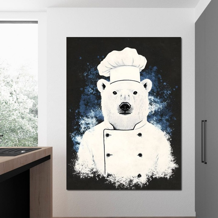 Премиум картина върху платно, LuxCanva® M1008, Готвачът на Севера, 90 X 120 см, 100% памучно платно 400 г/м2, дървена рамка, готвач, бяло, животно, мечка, рецепти, кулинария, гастрономия, кухня, офис, хол, детска стая