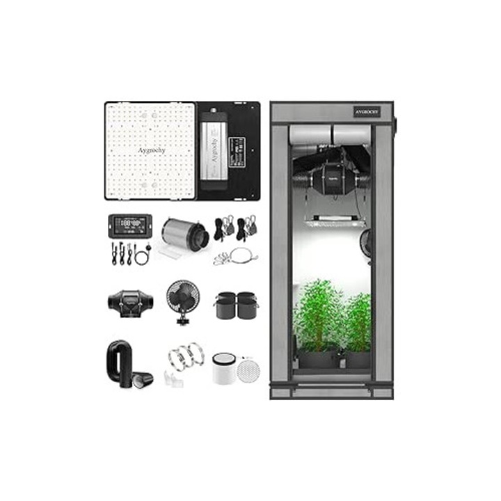 Hidroponikus rendszerkészlet, 60 x 60 x 140 cm-es termesztősátor, 100 mm-es csőventilátor, 100 W-os EVO LED lámpa, szénszűrő, 150 mm-es csiptetős ventilátor, elszívócső, 4 termesztőzseb, sarokpolc, integrált központi vezérlővel