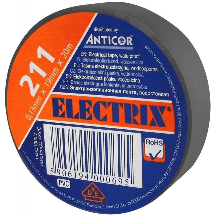 Banda izolatoare 211 PVC 19mm X 20m - culoare neagra