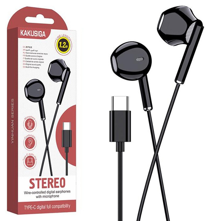 Casti cu Fir Type-C KSC-1295, Compatibile iPhone 15/16/17 si Android, Cablu 1.2M, Microfon, Negru