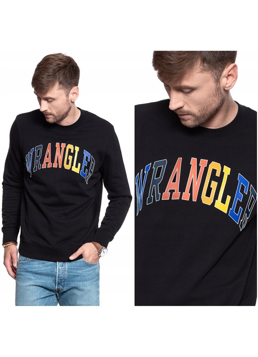 Férfi kapucnis pulóver, Wrangler, W6B6Hy100, Anyagösszetétel: 100% pamut, Szabás: Normál szabású, Záródás: Nincs, Domináns minta: Nyomott, XL nemzetközi, Fekete