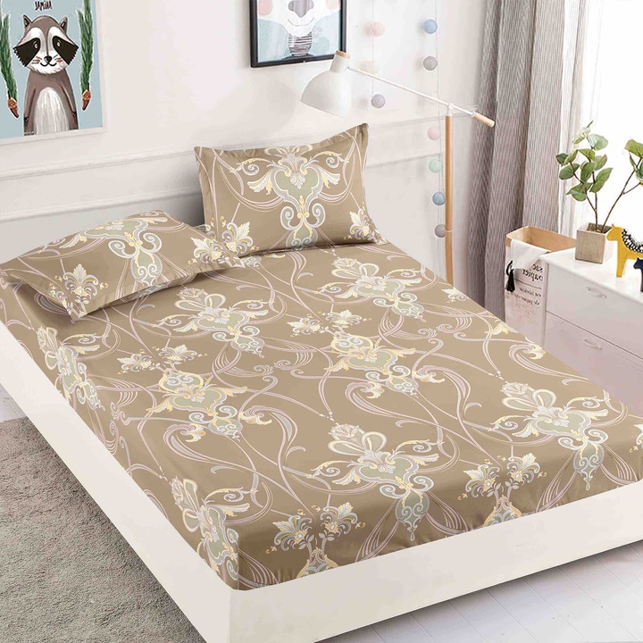 Set Husa de Pat CHIRASO, Elastica, Colorata, pentru 1 Persoana, din Finet, 90 x 200 cm, include 2 Fete Perna, maro deschis