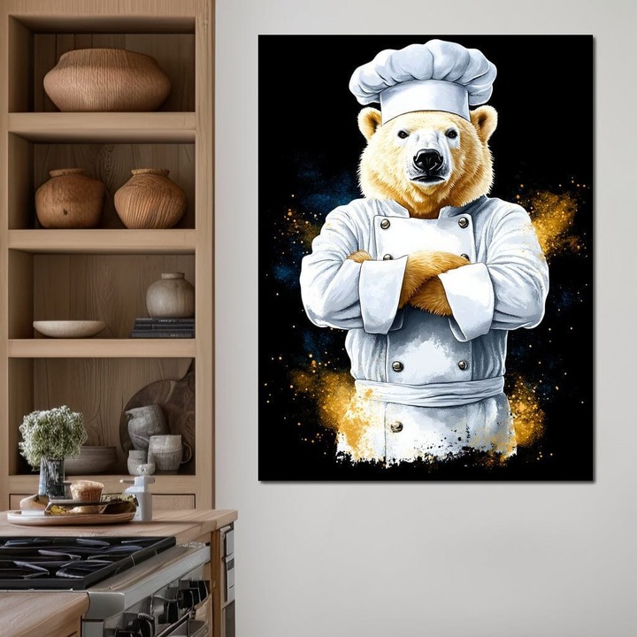 Премиум картина върху платно, LuxCanva® M1009, Козината-майстор, 45 X 60 см, 100% памучно платно 400 г/м2, дървена рамка, Мотивационна, Отношение, Силата, Мечка, Готвене, Бяла, Забавна, Кухня, Офис, Хол, Детска стая