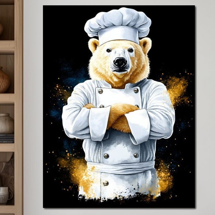 Tablou Canvas Premium, LuxCanva® M1009, Maestrul cu Blana, 75 X 100 CM, Panza Bumbac 100% 400g/m2, Sasiu Lemn, Motivational, Atitudine, Putere, Urs, Gatit, Alb, Haios, Bucatarie, Birou, Living, Camera Copii