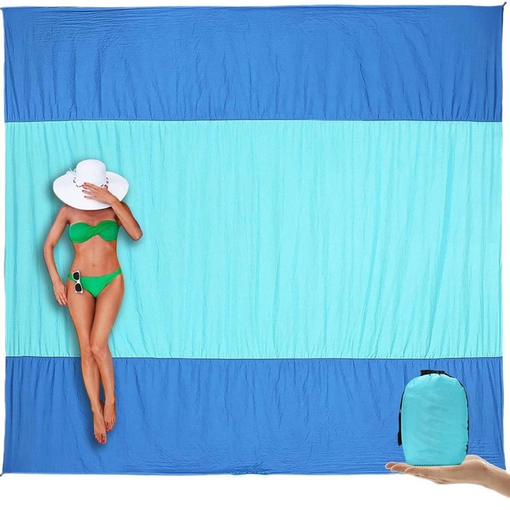 Плажна постелка, Ronyes, водоустойчива, найлонова, синя, 210x200см, за 5-7 души, с чанта за носене