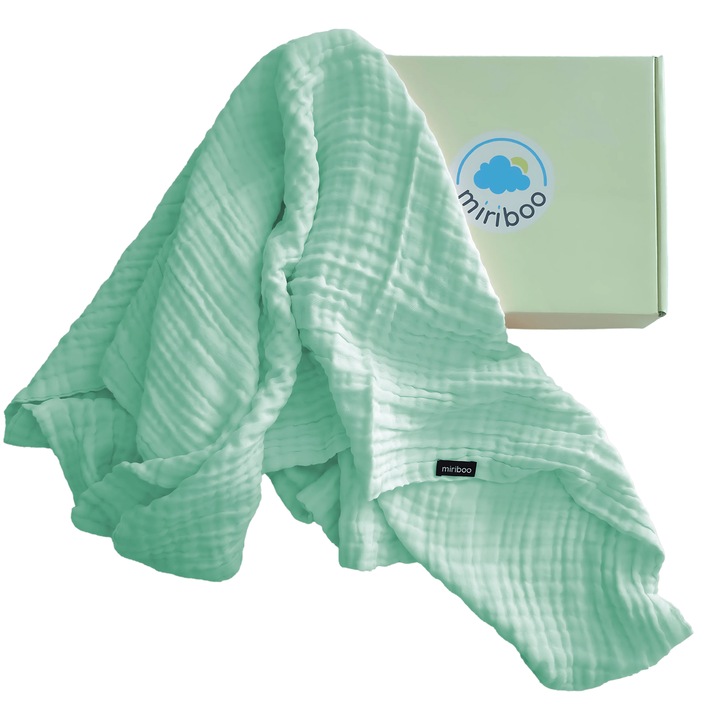Paturica de Vara din Muselina, 100% Bumbac Organic, pentru Bebelusi si Copii, 0-5 ani, 110x110 cm, Verde Menta, Moale si Absorbanta, in Cutie Cadou – Miriboo®