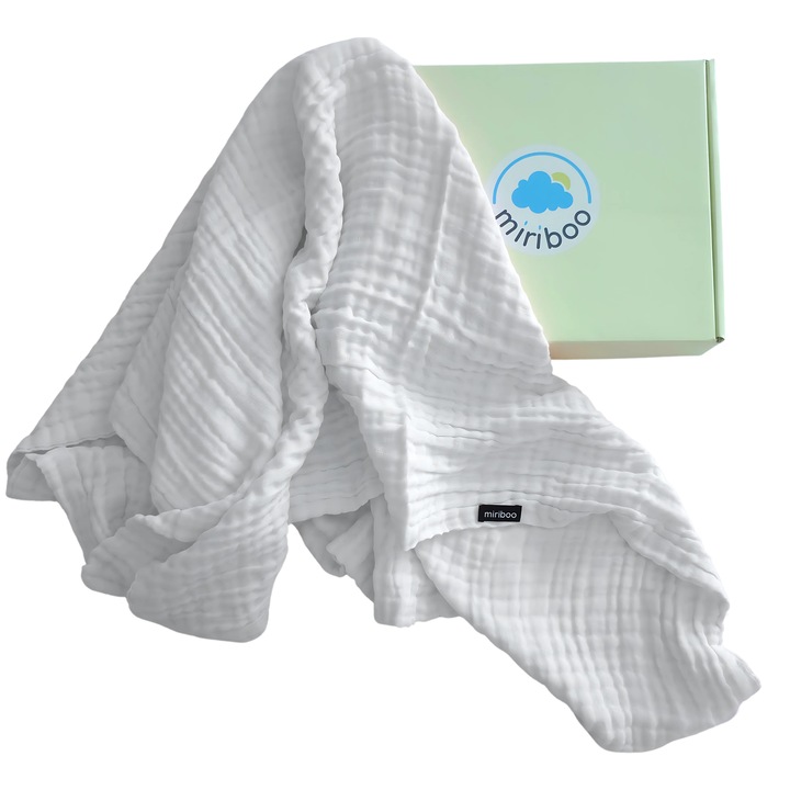 Muszlin nyári takaró, 100% biopamut, babáknak és gyerekeknek, 0-5 éves korig, 110x110 cm, fehér, puha és nedvszívó, ajándékdobozban – Miriboo®