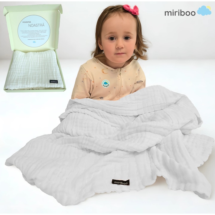 Paturica de Vara din Muselina, 100% Bumbac Organic, pentru Bebelusi si Copii, 0-5 ani, 110x110 cm, Alb, Moale si Absorbanta, in Cutie Cadou – Miriboo®