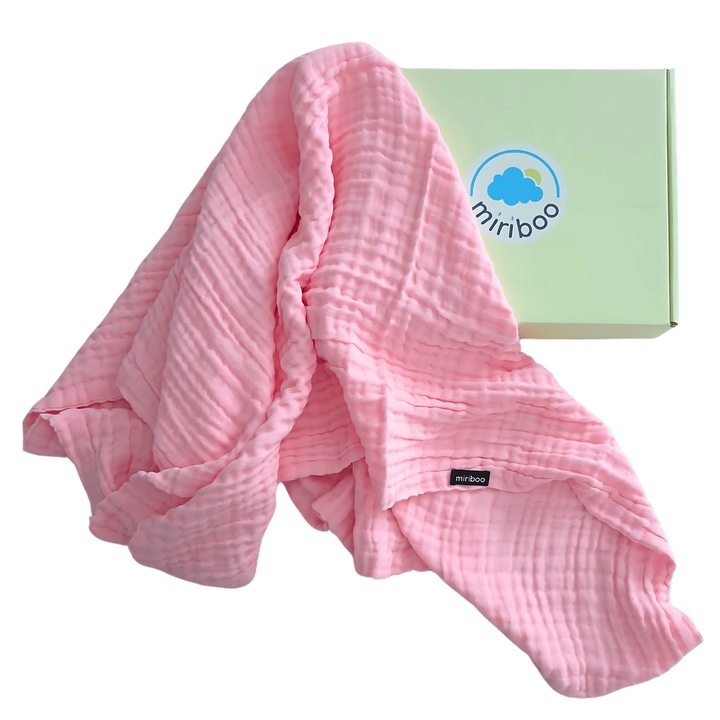 Muszlin nyári takaró, 100% biopamut, babáknak és gyerekeknek, 0-5 éves korig, 110x110 cm, púderrózsaszín, puha és nedvszívó, ajándékdobozban – Miriboo®