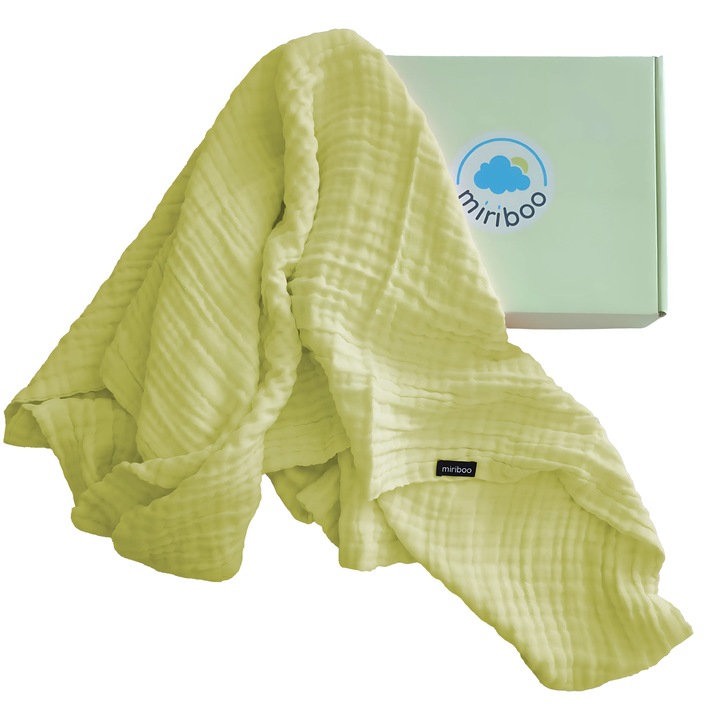 Paturica de Vara din Muselina, 100% Bumbac Organic, pentru Bebelusi si Copii, 0-5 ani, 110x110 cm, Galben, Moale si Absorbanta, in Cutie Cadou – Miriboo®