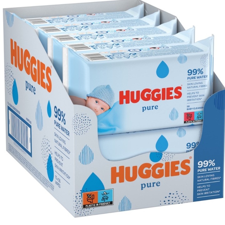 Комплект Мокри кърпички Huggies Pure, без алкохол, 99% вода, 10 пакета x 56, 560 бр.