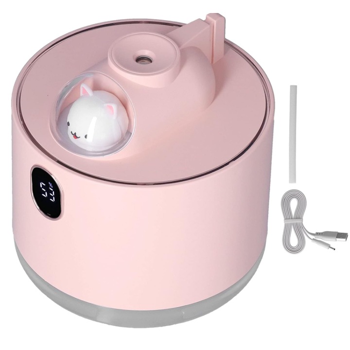 Aranyos párásító, aromaterápiás diffúzor lámpával, szuper csendes, 500 ml-es űrtartalom, USB töltés, 2000 mAh-s akkumulátor - RÓZSASZÍN