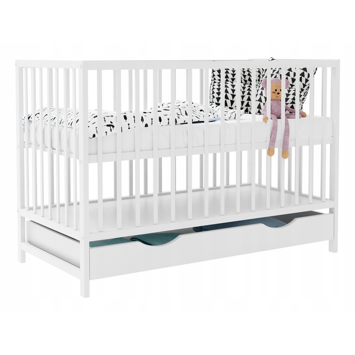 Бебешко креватче Luka, бяло, 120x60 см, 3 нива на регулиране, с разтегателно чекмедже