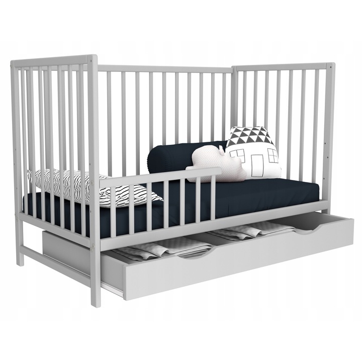 Бебешко креватче, Luka, с 3 степени на регулиране на височината, чекмедже, 120x60 см, сиво