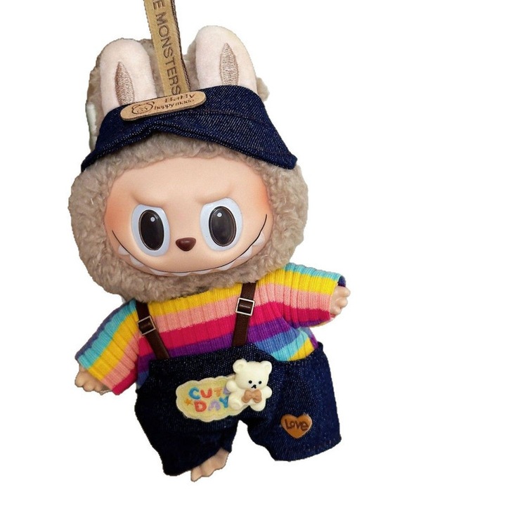 Set de imbracaminte pentru papusi, 3 piese, cu bluza, pantaloni si palarie, pentru papusi de 15-17 cm, material moale din bumbac