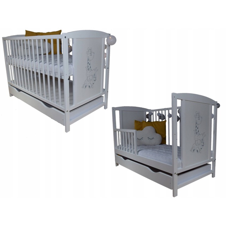 Бебешко легло Bobas, 120x60см, бяло, с мотив жираф, 3 нива на височина, с преграда и чекмедже