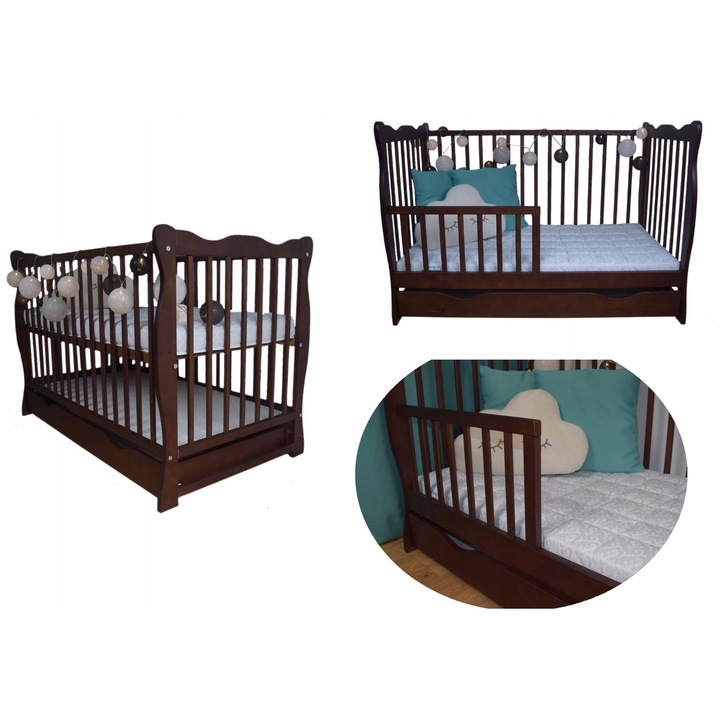 Бебешко легло Bobas, 120x60см, орех, с преграда и чекмедже, 3 нива на височина