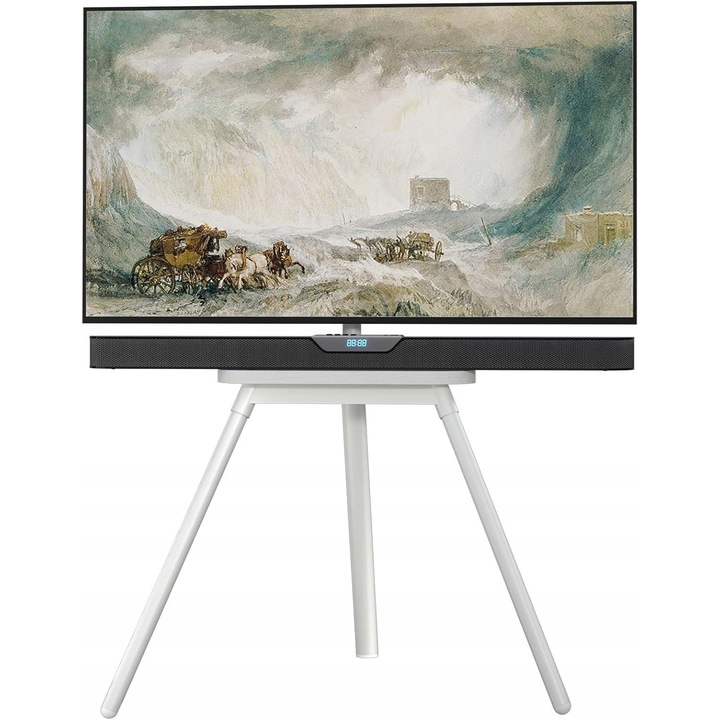 ТВ шкаф Luka, бял, регулируем, 43-65", 40 кг, с рафт и система за управление на кабели