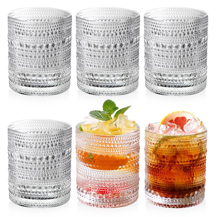 Set de 6 pahare vintage, MWAOWM, 10 oz, design embosat, sticla clara