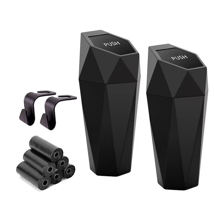 Set 2 cosuri de gunoi mini pentru masina, MWAOWM, design rezistent la scurgeri, set cu 90 de saci de gunoi si 2 carlige, negru