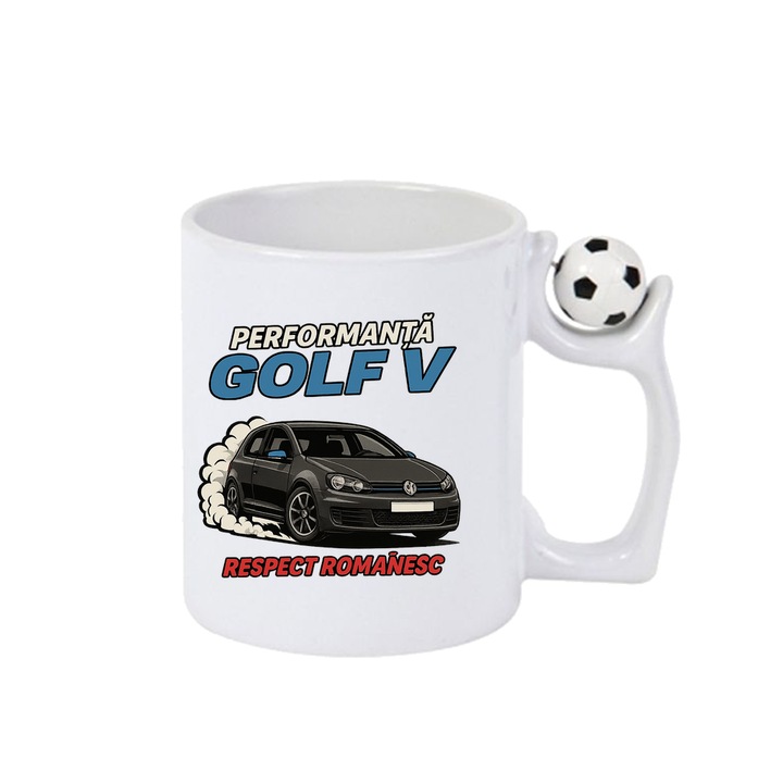 Cana Golf V 5 performanta Respect Romanesc, Cri-Flo, Ceramica, 330ml. Minge rotativa antistres, Maner si interior Alb-Negru