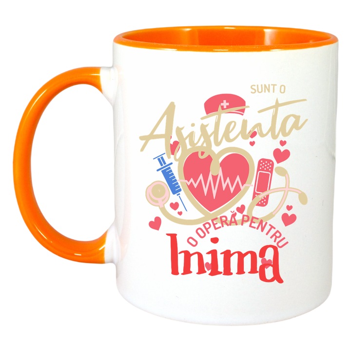 Cana Sunt o asistenta, o opera pentru inima(1), Cri-Flo, Ceramica, 330ml. Maner si interior Portocaliu