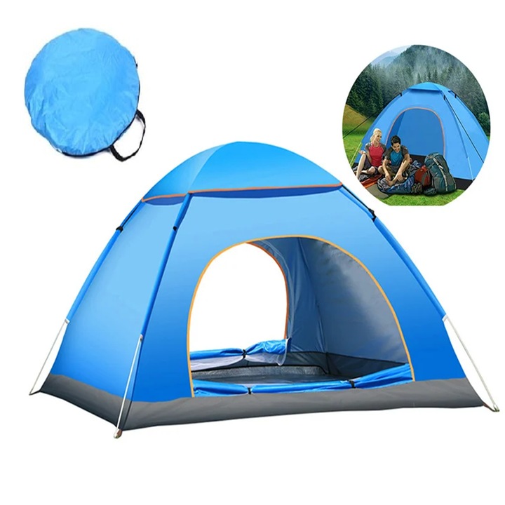Kemping sátor 3-4 fő részére, 200x200x125cm, vízálló, könnyű és hordozható, tetővel, kék