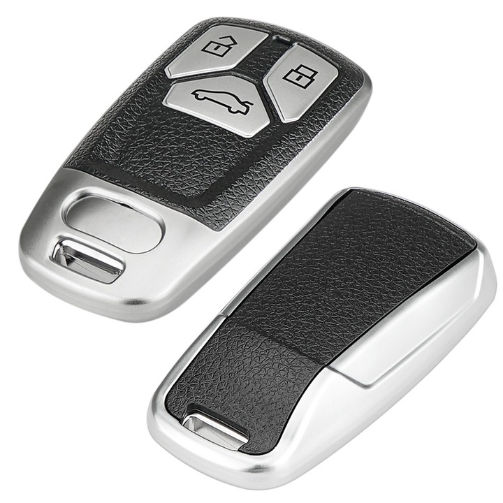 Husa Cheie Auto Compatibila Audi Protectie pentru Cheie Auto cu 3 Butoane A4 B9, A5, A6 8S 8W Q5 Q7 4M S4 S5 S7 TT TTS TFSI RS – TPU + Piele – Negru/Argintiu