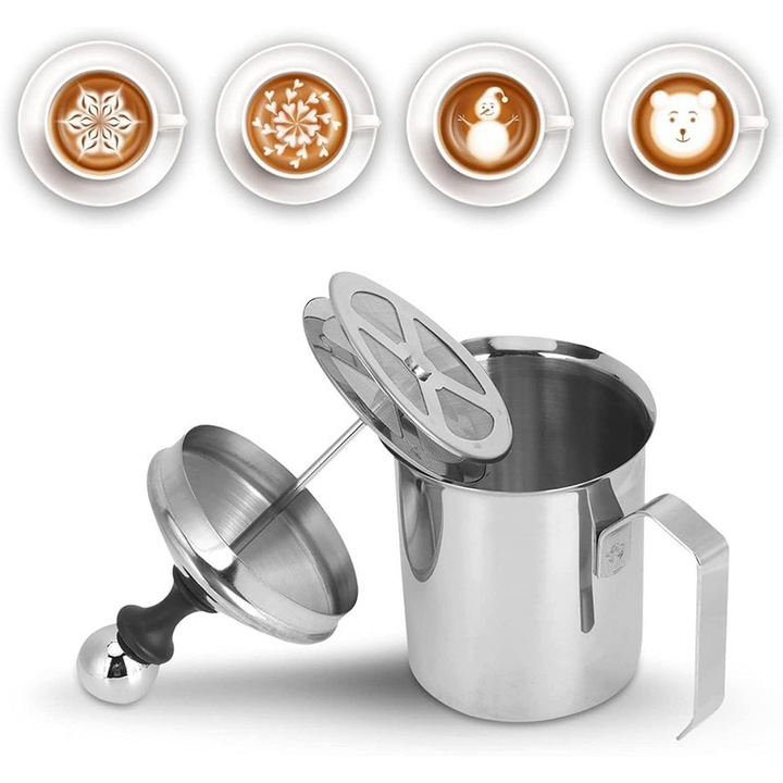 Frother manual pentru lapte, capacitate 500ml, inox 304, dimensiuni 18x8cm, pentru cappuccino si latte