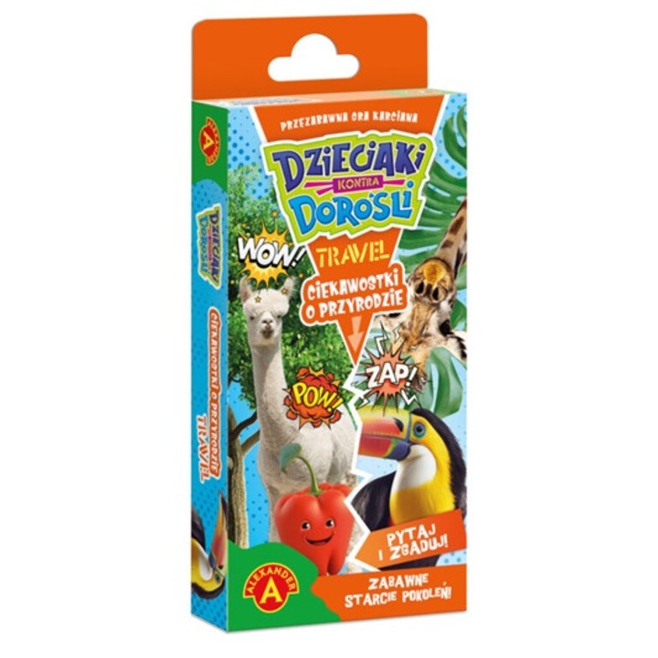 Настолна игра Dzieciaki Kontra Dorosli - Ciekohostki o Przyrodzie, 55 карти, 2 пионки, многоцветна, преносим формат