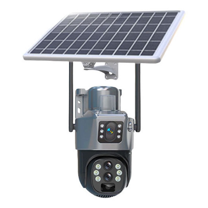 Camera de supraveghere solara cu lentile duale, 3MP, viziune nocturna color, gri, 415x320x17-52mm