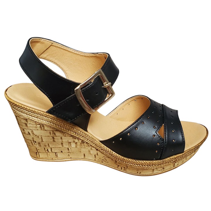 Sandale Dama Cu Platforma Negre Din Piele Naturala, Negru